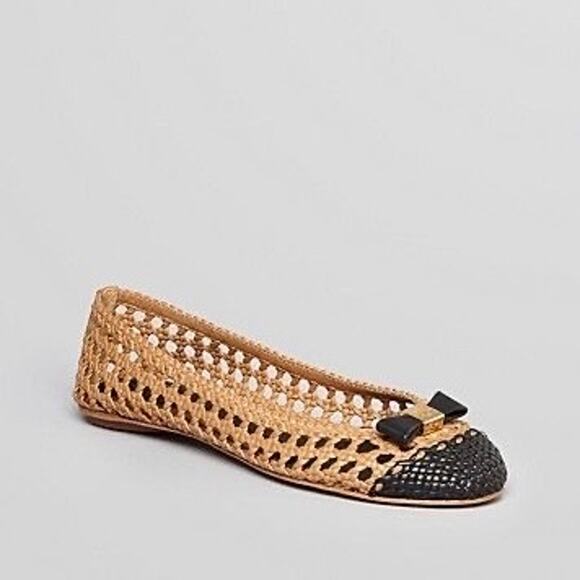 Tory Burch 6 Carlyle Woven Leather Ballerinas Ballet Flats Black Tan Logo Bow - Picture 14 of 14